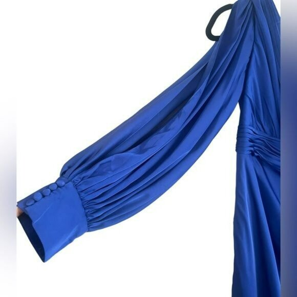 Ileena Mac Duggal One Shoulder Long Sleeve Sapphire Blue Maxi Dress Formal Gown - Picture 6 of 9